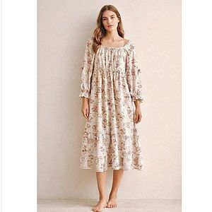 NWOT ULLALA ELENA'S ROCOCO REVERIE COTTON NIGHTGOWN FLORAL PRINT ECRU SIZE LARGE